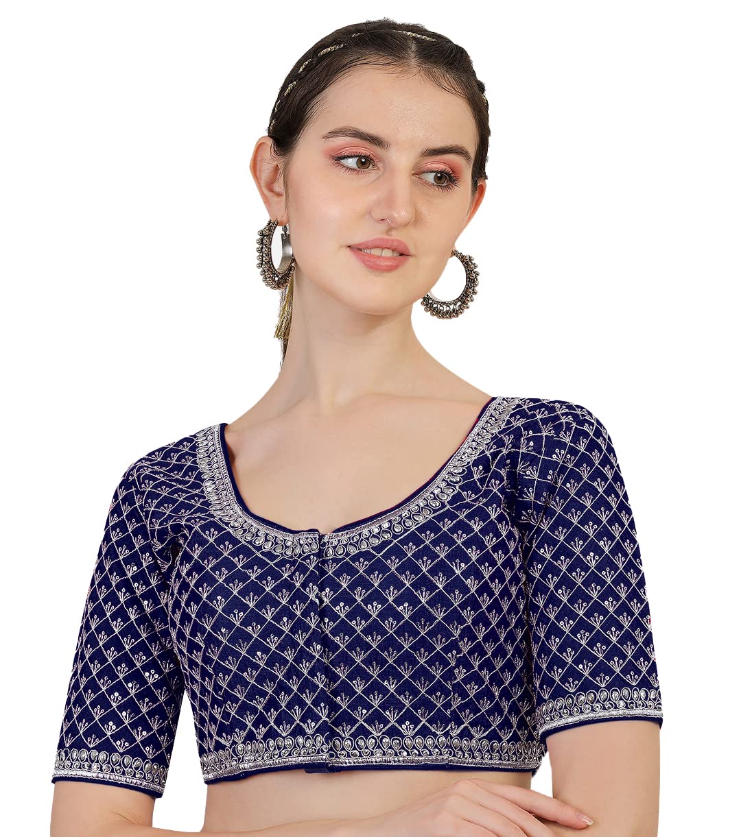 Pujia Mills Womens Heavy Silver Jari Thread Readymade Blouse for Saree Lehenga (Navy Blue, 38)