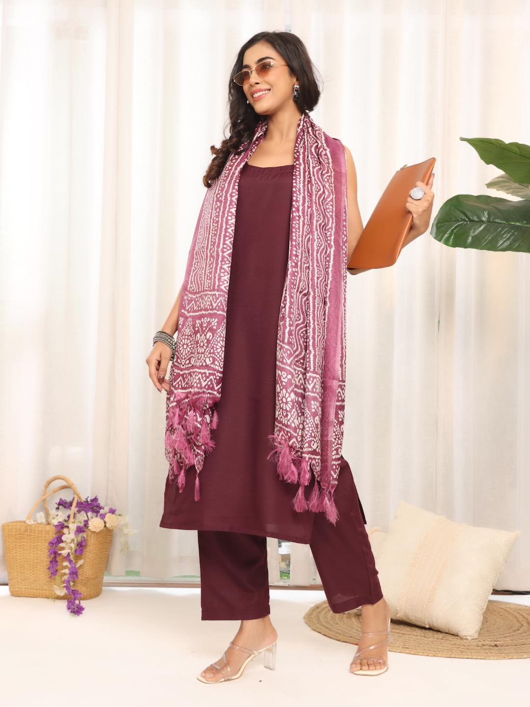 Varanga WomenS Violet Strap Kurta With Tonal Bottom & Printed Dupatta  Round Neck, Side Slit Design, Stylish & Comfortable