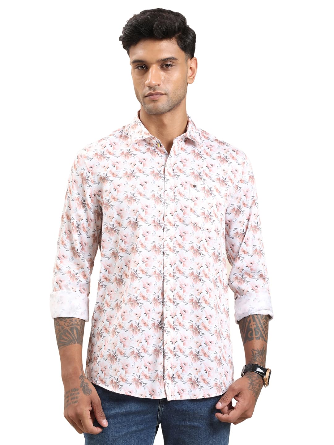 Turtle Men Light Pink Slim Fit Digital Print Cotton Tencel Casual Shirt