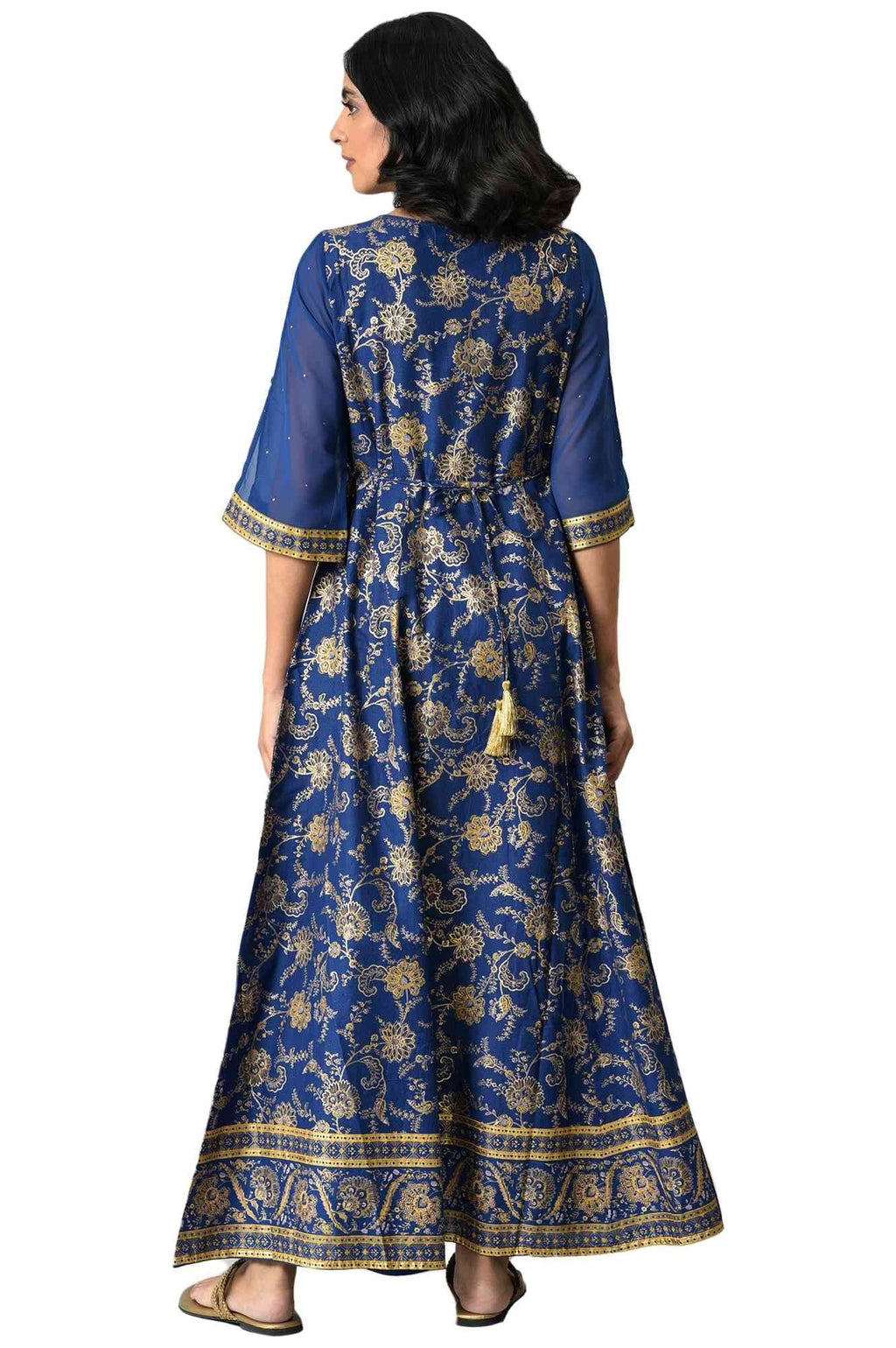 Aurelia Blue Foil Cotton Regular Kurta With Zari Embroidery