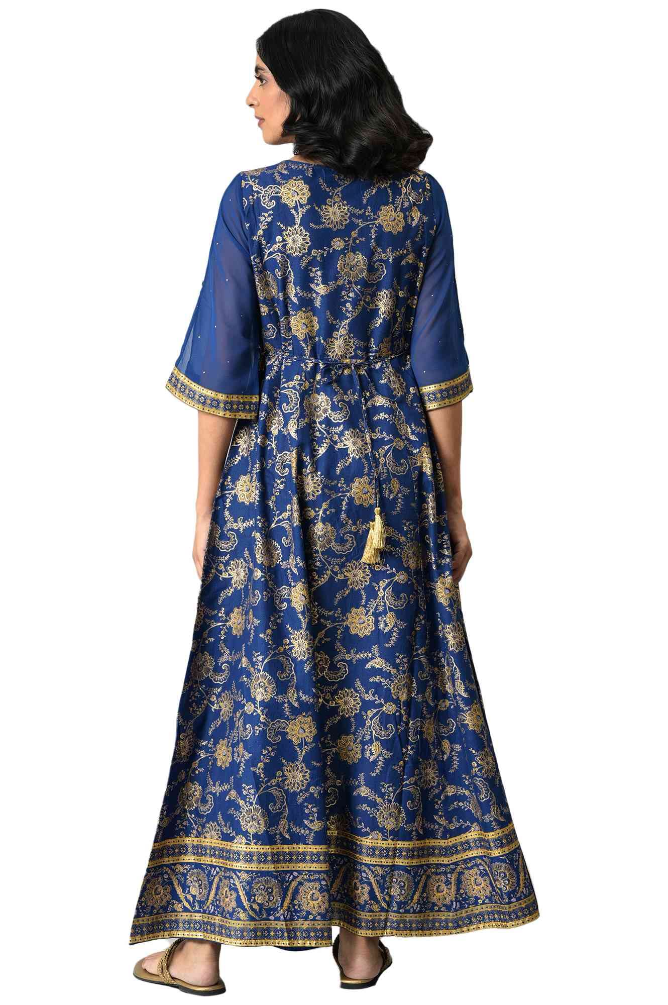 Aurelia Blue Foil Cotton Regular Kurta With Zari Embroidery