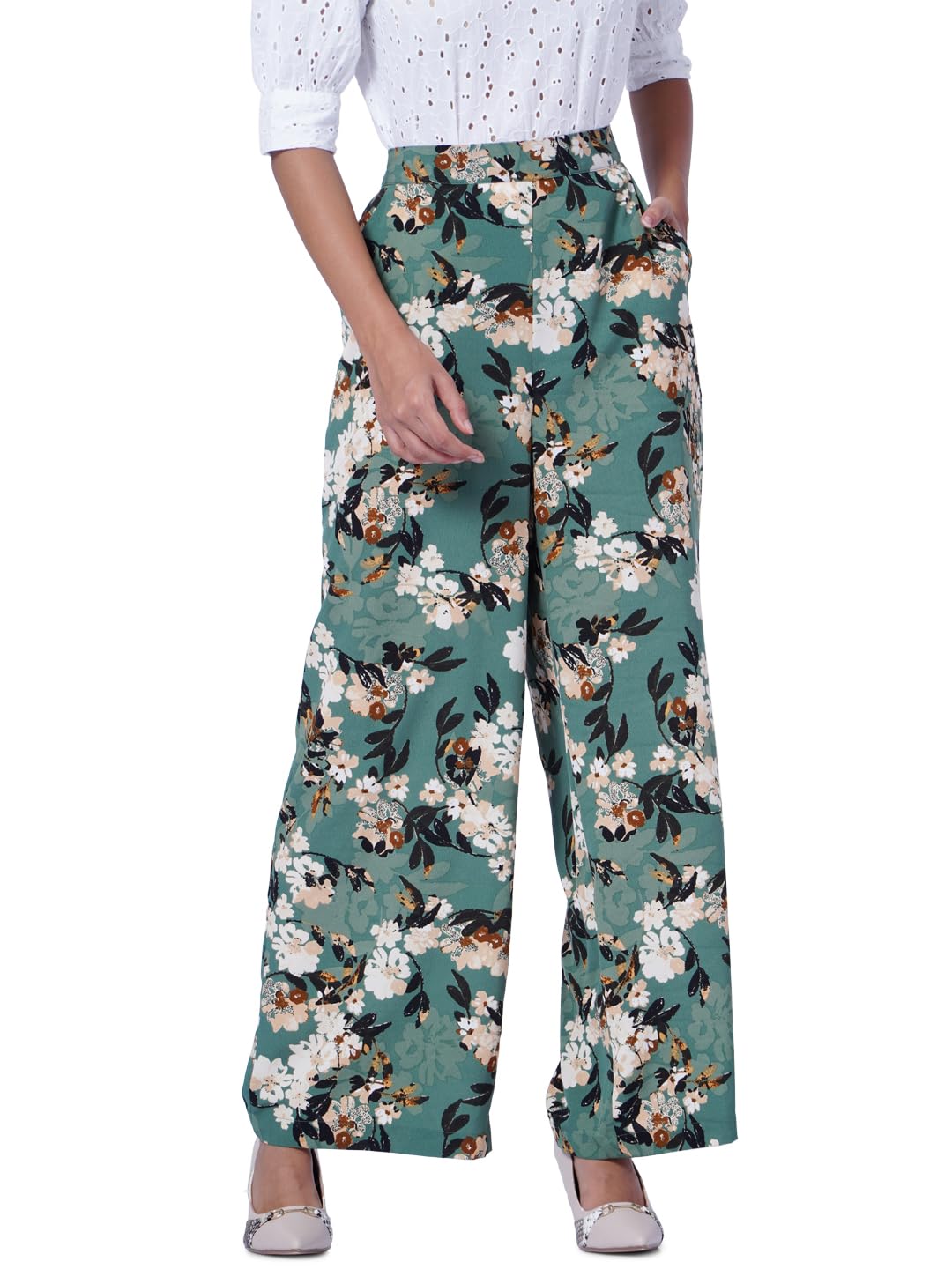 Vero Moda Women Floral Print Green Polyester Wide Leg High Rise Pants