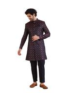 Kisah MenS Purple And Navy Blue Sherwani Trousers Set, Cotton Full Sleaves, Knee Length, Straight, Regular Fit, Mandarin Collar