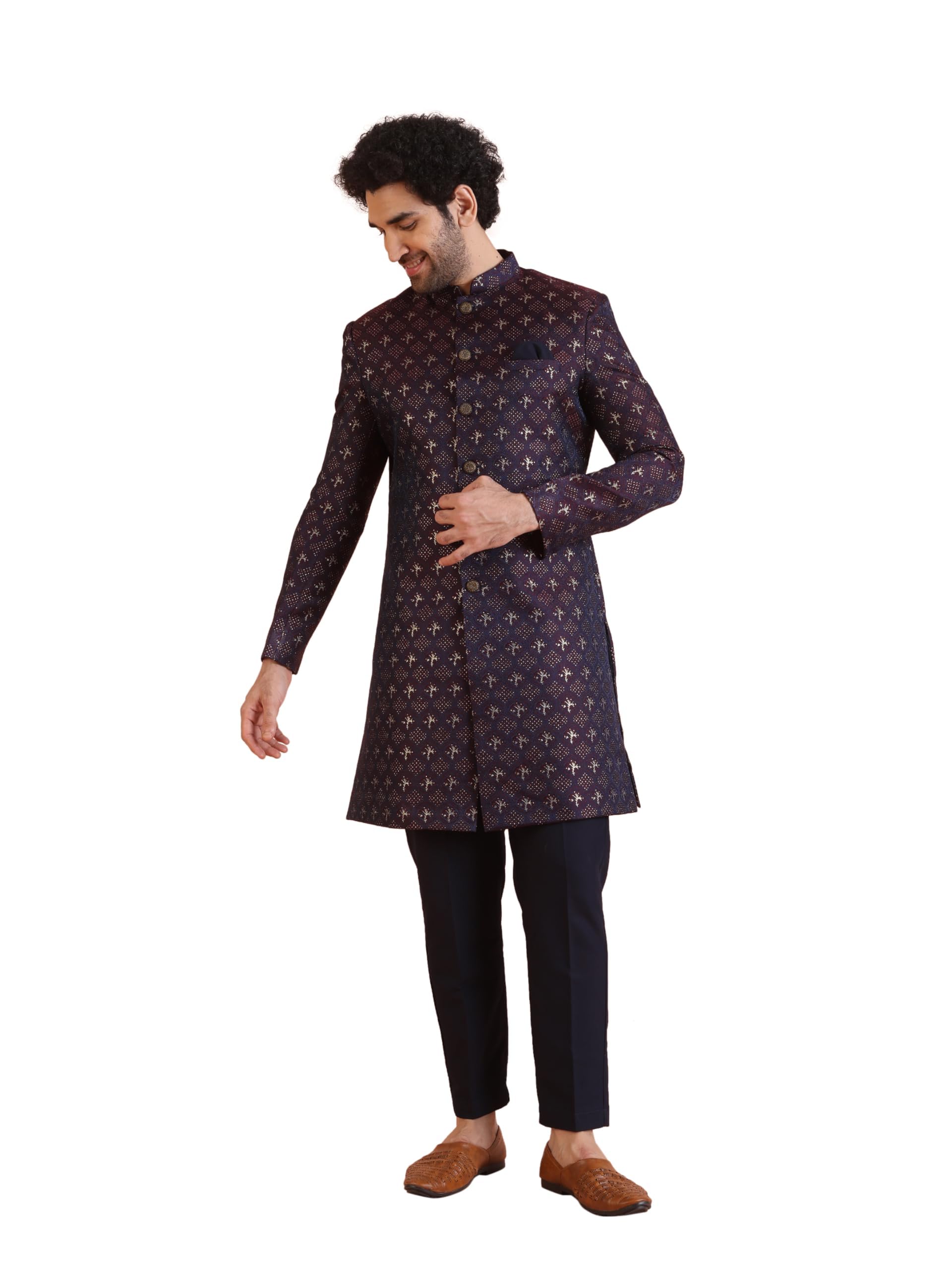 Kisah MenS Purple And Navy Blue Sherwani Trousers Set, Cotton Full Sleaves, Knee Length, Straight, Regular Fit, Mandarin Collar