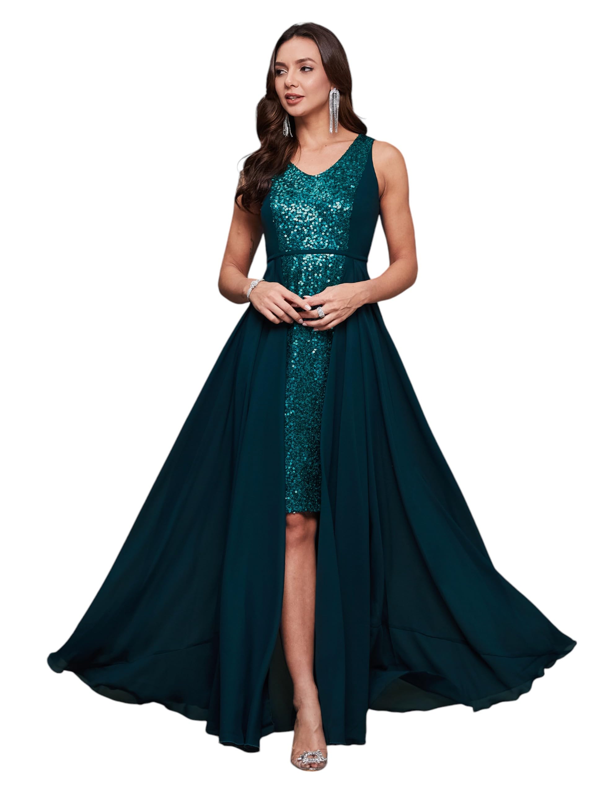 Miss Chase WomenS V-Neck Sleeveless Embellished Layered Georgette Maxi Dress (Mcss24D13-88-83-06, Teal, Xl)