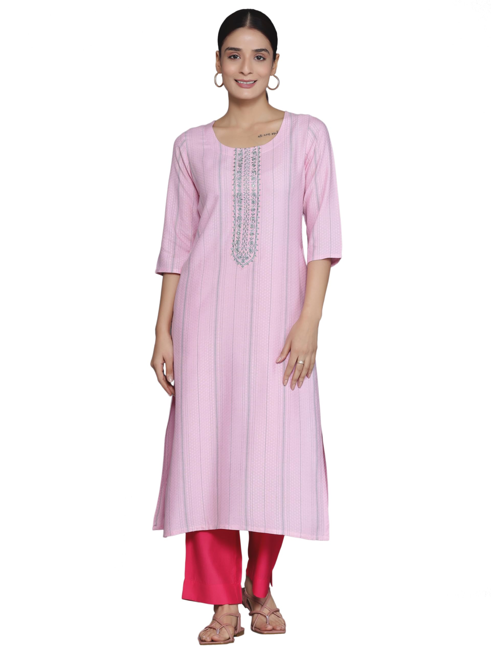 Libas Womens Yoke Design Viscose Straight Kurta For Women Pink