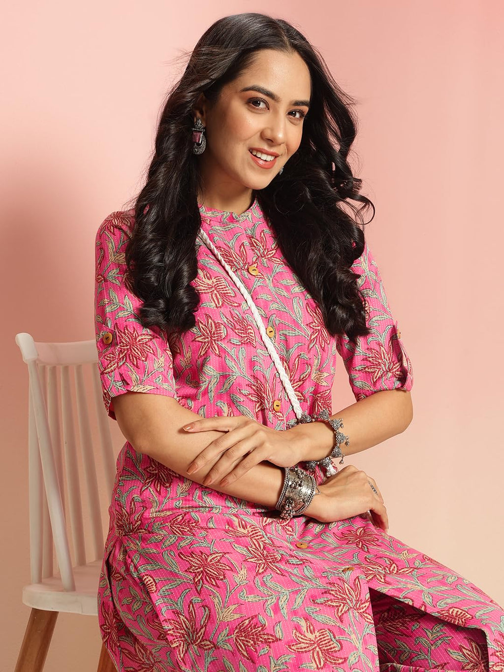 ANNI DESIGNER Women s Straight Printed Viscose Kurta with Trousers, Pink, L