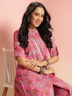 ANNI DESIGNER Women s Straight Printed Viscose Kurta with Trousers, Pink, L