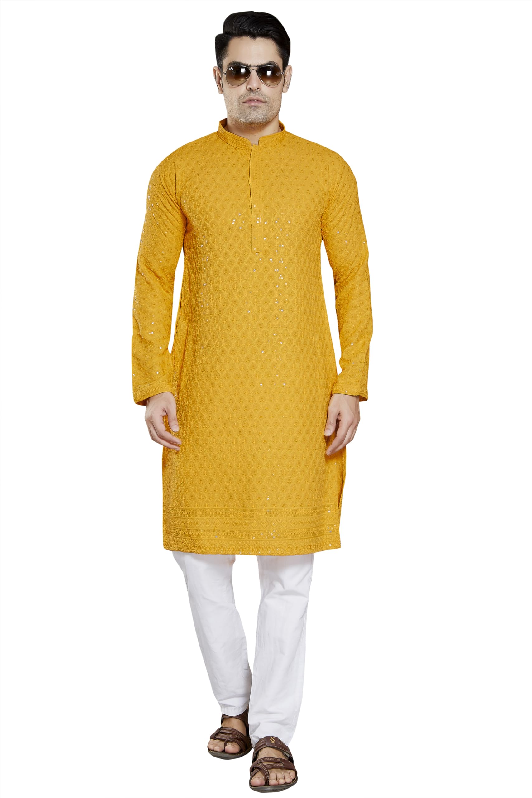 DIVISIVE Mens Sequince Embroidered Cotton Blend Only Kurta (DKRT1_XXL_Yellow)