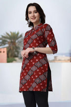 Popwings Women Casual Pure Cotton Maroon Bandhani Printed Kurti | Short Kurti For Women | 3/4Th Sleeve Kurti For Women Kurti For