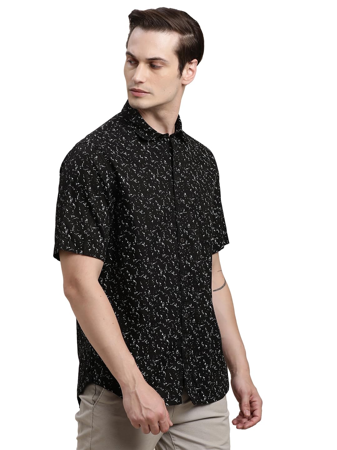 Turtle Men Cotton Tencel Slim Fit Black Printed Half Sleeve Casual Shirt