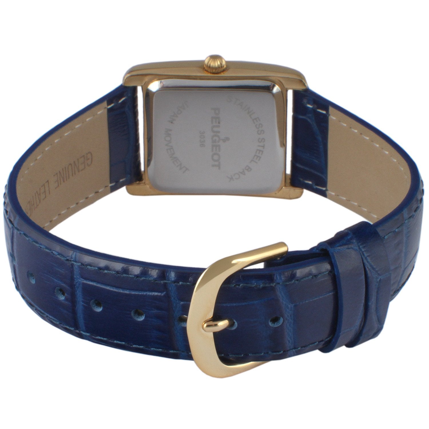 Peugeot Women's 14K Gold Plated Tank Leather Dress Watch with Roman Numerals Dial, Blue