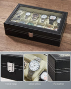 Ohuhu Watch Cases for Men, Watch Box Watch Holder Watch Organizer Display Storage 12 Slot PU Leather Real Glass Lid Soft Velvet