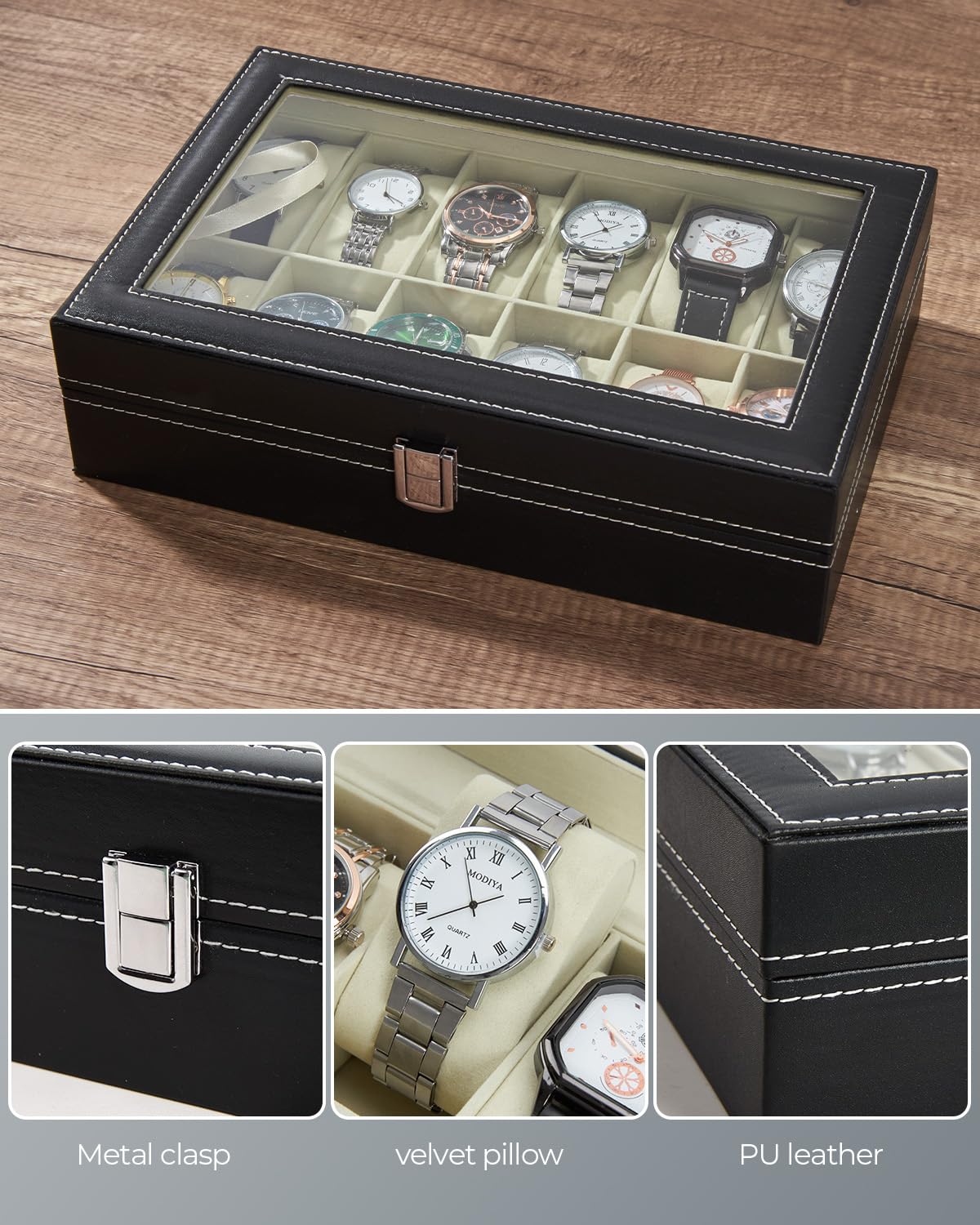 Ohuhu Watch Cases for Men, Watch Box Watch Holder Watch Organizer Display Storage 12 Slot PU Leather Real Glass Lid Soft Velvet