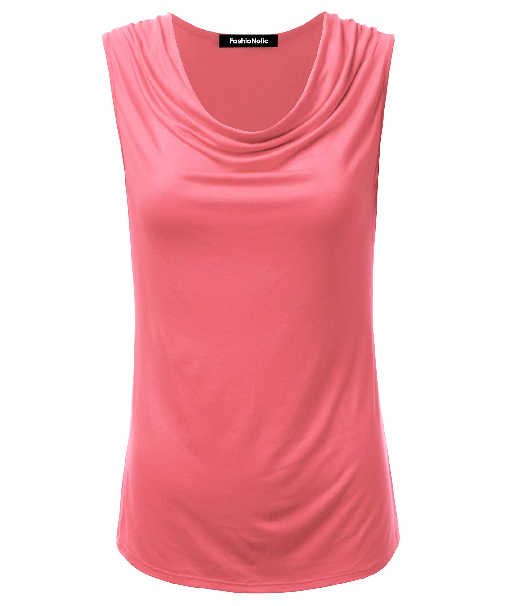 FASHIONOLIC Women's Cowl Neck Ruched Draped Sleeveless Stretchy Blouse Casual Tank Top (Made in USA) (PHI419) Coral L