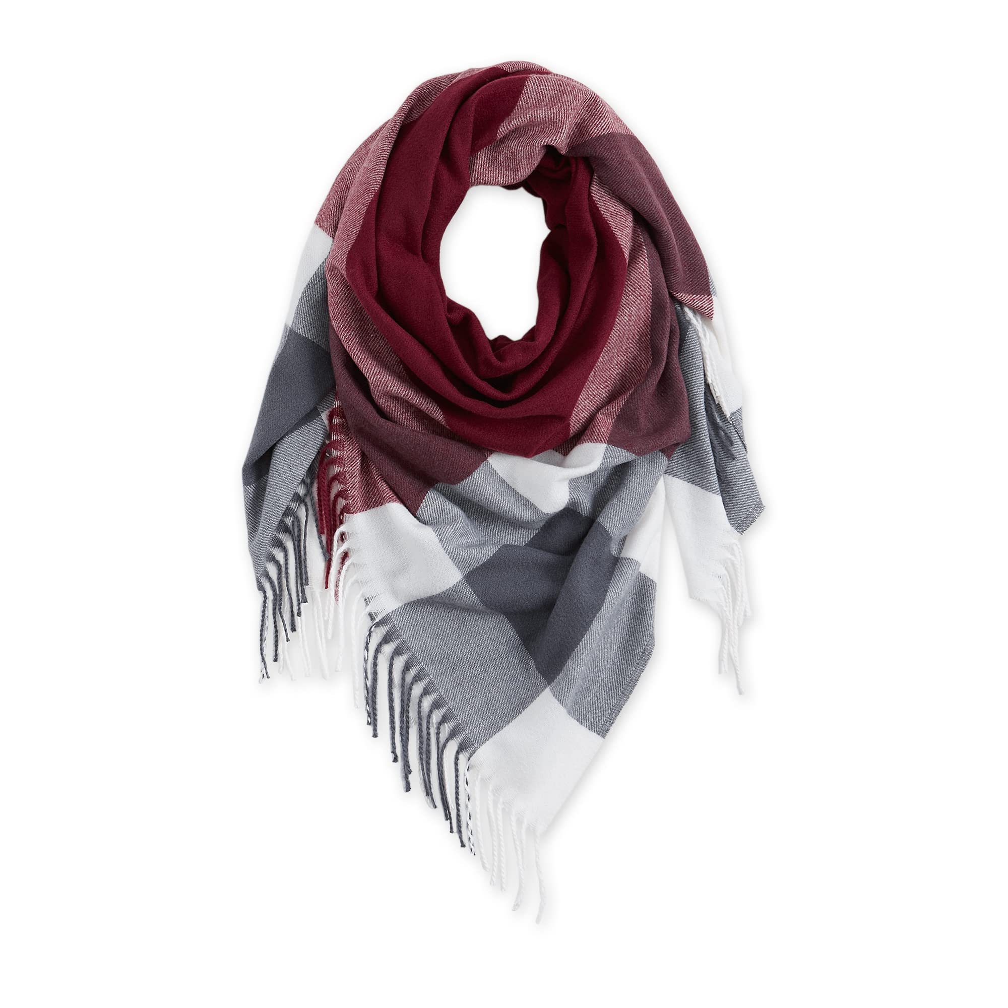 FRINGE PLAID BLANKET SCARF - BURGUNDY & GREY