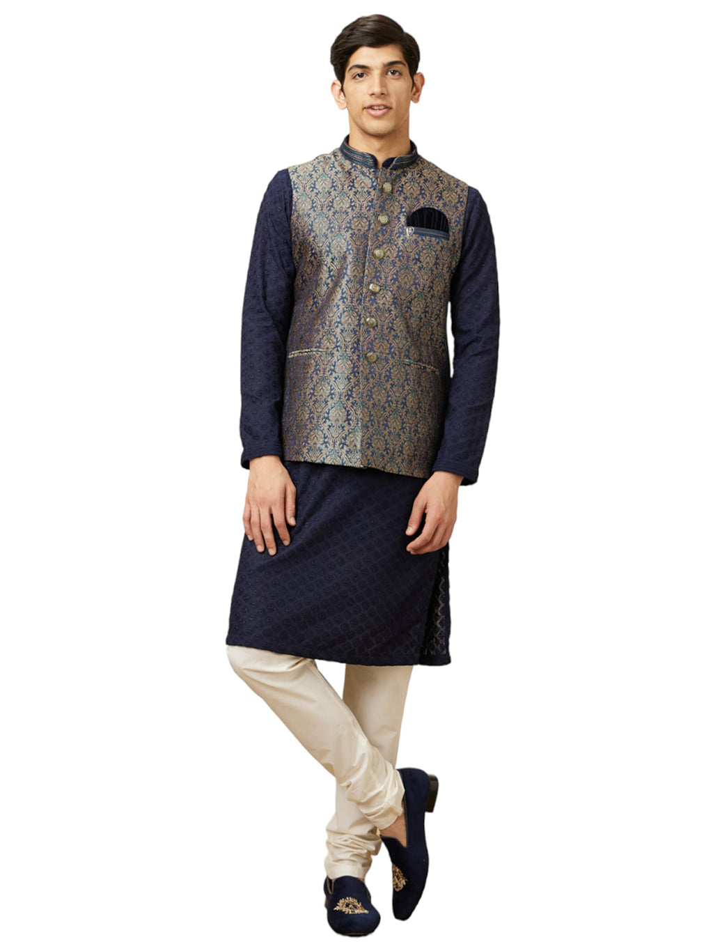 Manyavar Mens Art Silk Self Design Casual, Traditional Sleeveless Jacket (Blue, XL)