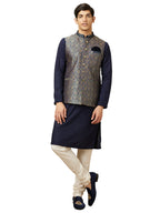Manyavar Mens Art Silk Self Design Casual, Traditional Sleeveless Jacket (Blue, XL)
