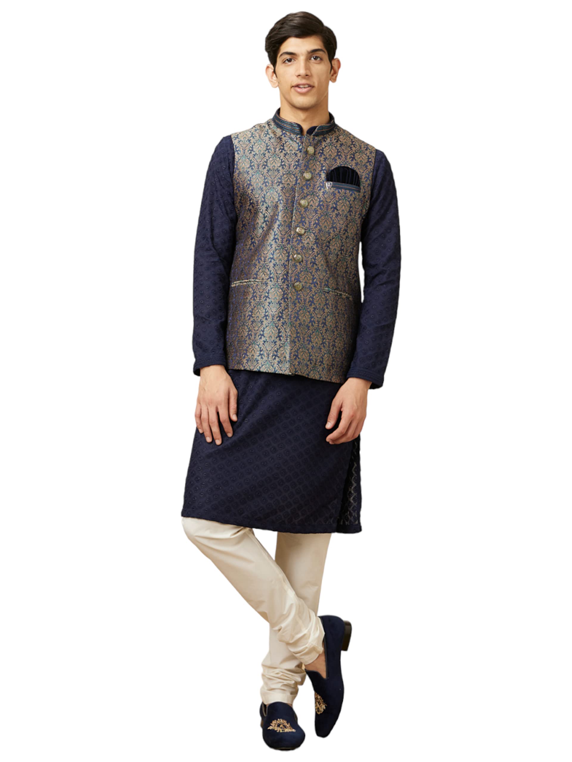 Manyavar Mens Art Silk Self Design Casual, Traditional Sleeveless Jacket (Blue, XL)