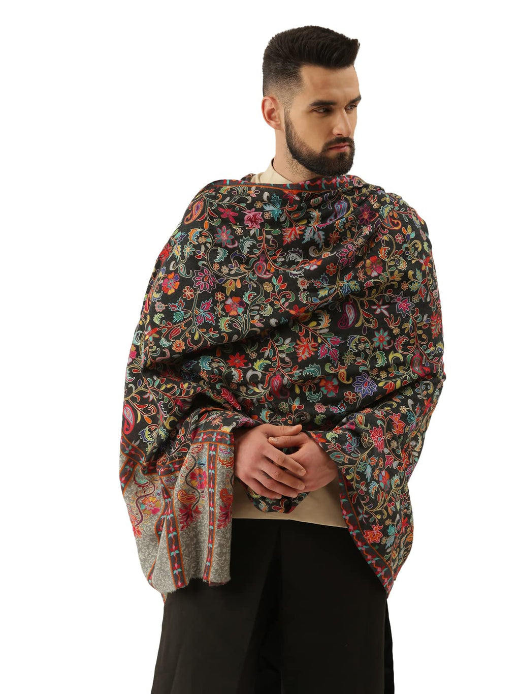 Pashmoda Men 100% Pure Wool Fabric Kalamkari Embroidered Shawl, Stole And Wrap, Sustainable And Natural Fabric, Heritage Kashmir