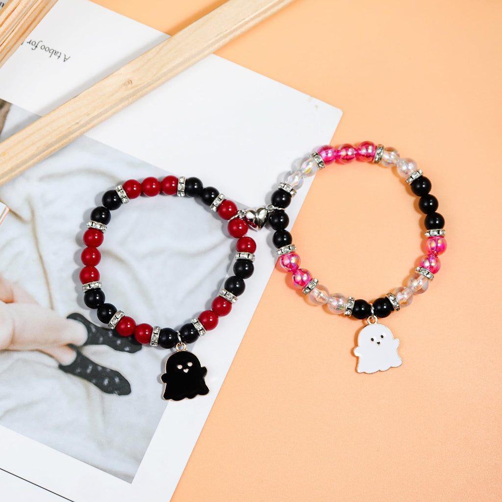 2Pcs Love Heart Couple Matching Natual Stone Beaded Ghost Bracelet Set Stretch Braide Rope Halloween Bat Devil Pumpkin Wizard Br