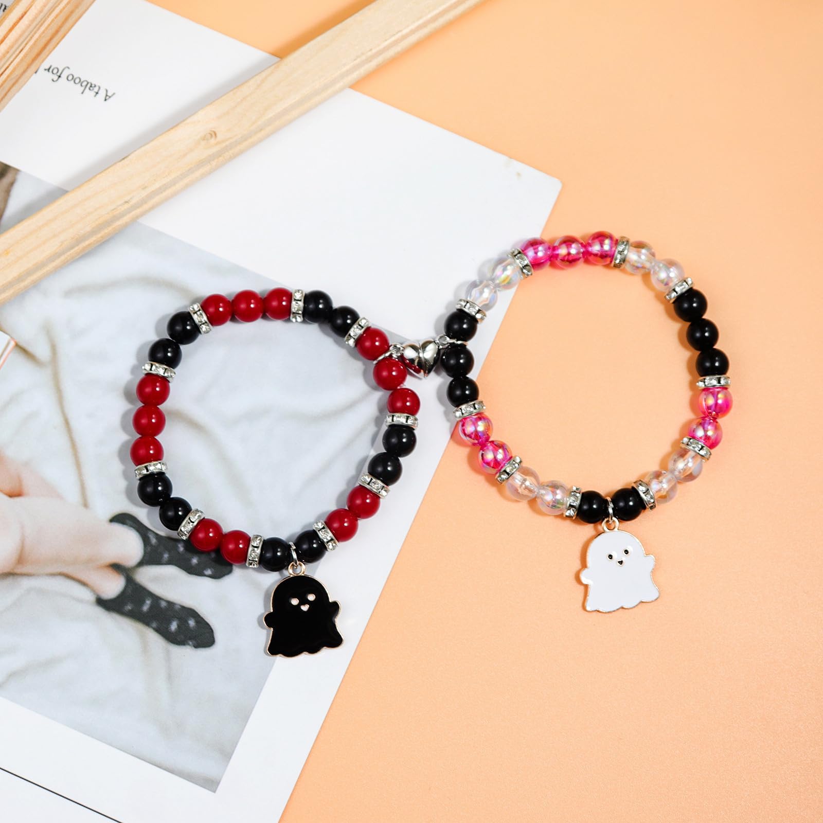 2Pcs Love Heart Couple Matching Natual Stone Beaded Ghost Bracelet Set Stretch Braide Rope Halloween Bat Devil Pumpkin Wizard Br