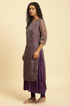 W For Woman Purple Striped Synthetic Zari Digital Kurta Dupatta Bottomwear
