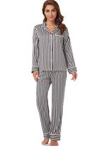 Serenedelicacy Women's Satin Pajama Set Long Sleeve Button Down Sleepwear 2-Piece Striped Silky Pj Set (Large, Black/Vanilla, St