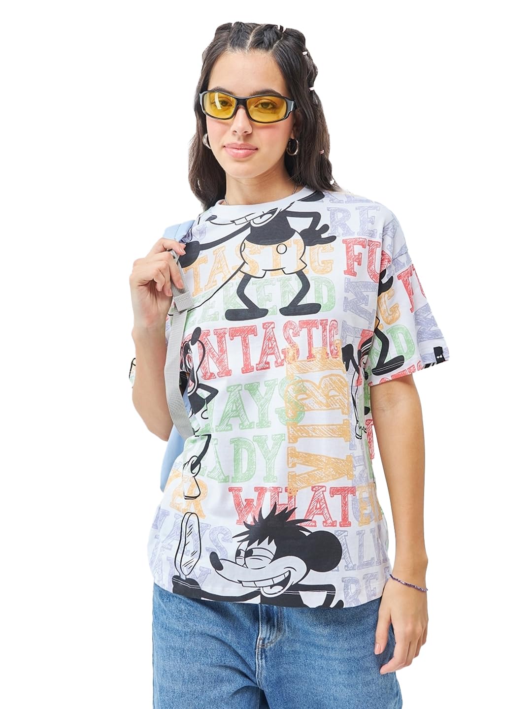 Bewakoof Official Disney Merchandise Womens AOP Oversized Half Sleeve Round Neck 100% Cotton T-Shirt_615058_White_L
