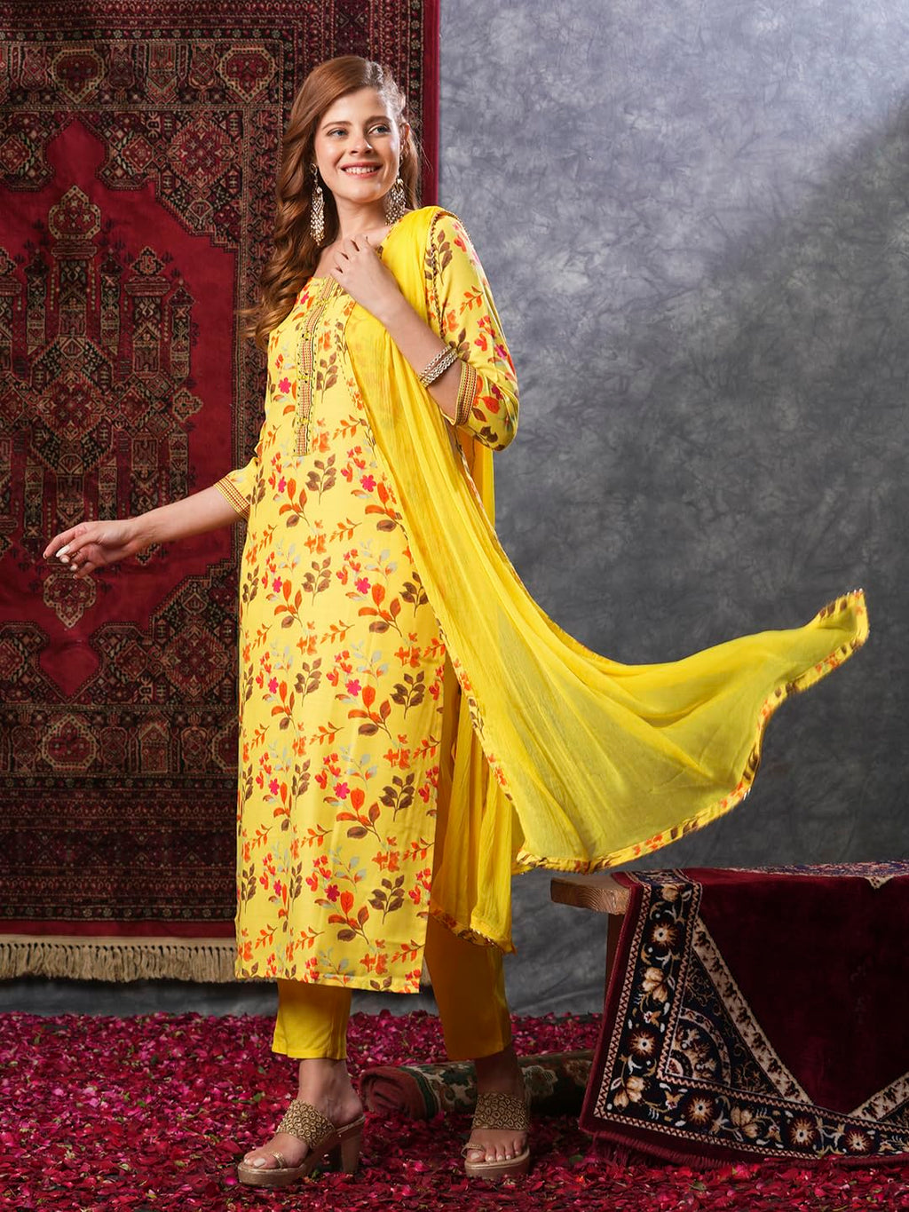ANNI DESIGNER Ladies Cotton Blend Dupatta Kurta Trousers, yellow, XXL
