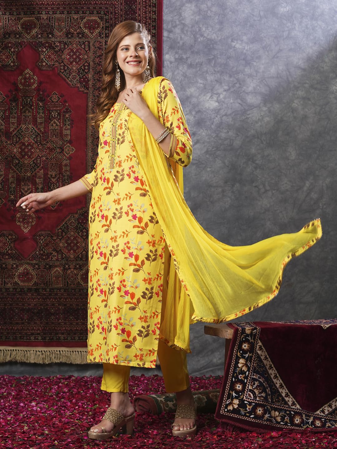 ANNI DESIGNER Ladies Cotton Blend Dupatta Kurta Trousers, yellow, XXL