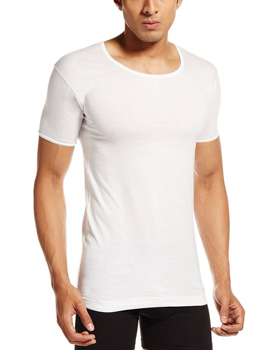 PRAKASAM COTTON Mens Combed Cotton Round Neck Half Sleeve White Vest with Extended Length for Easy Tuck (Gold) Pack of 5