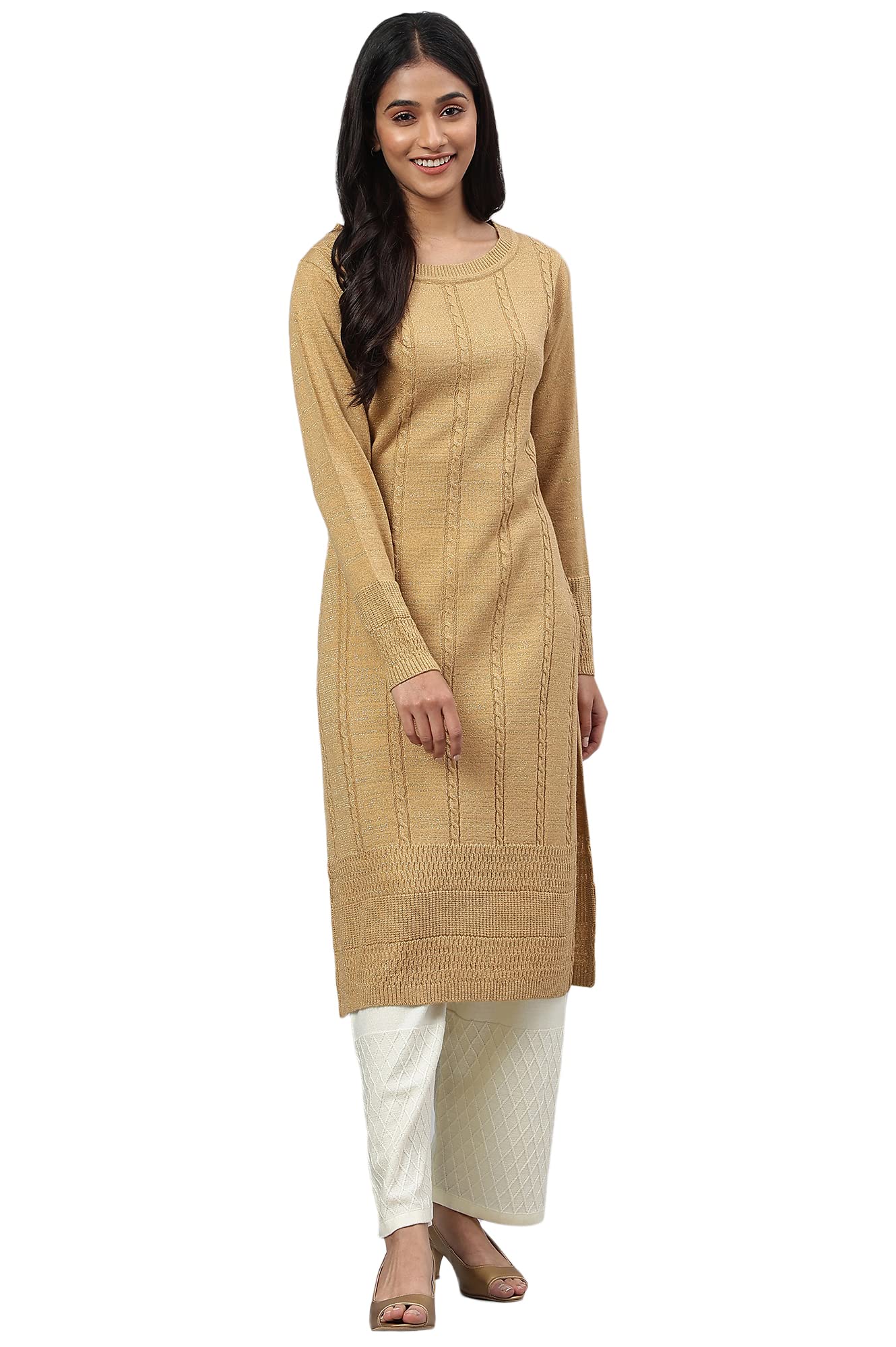 Aurelia Women Gold Acrylic Lurex Solid Yarn Dyed Straight Kurta_22Noa13536-604866_L