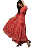 Ishin Women'S Pure Cotton Anarkali Printed Gotta Patti Floral Print Red Kurta Suit Set With Palazzo Kplpramffaw-991_S_Red