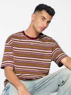 The Souled Store Textured Stripes: Urban Sands Men and Boys Short Sleeve Round Neck Cotton Blend Brown Oversized T-Shirts