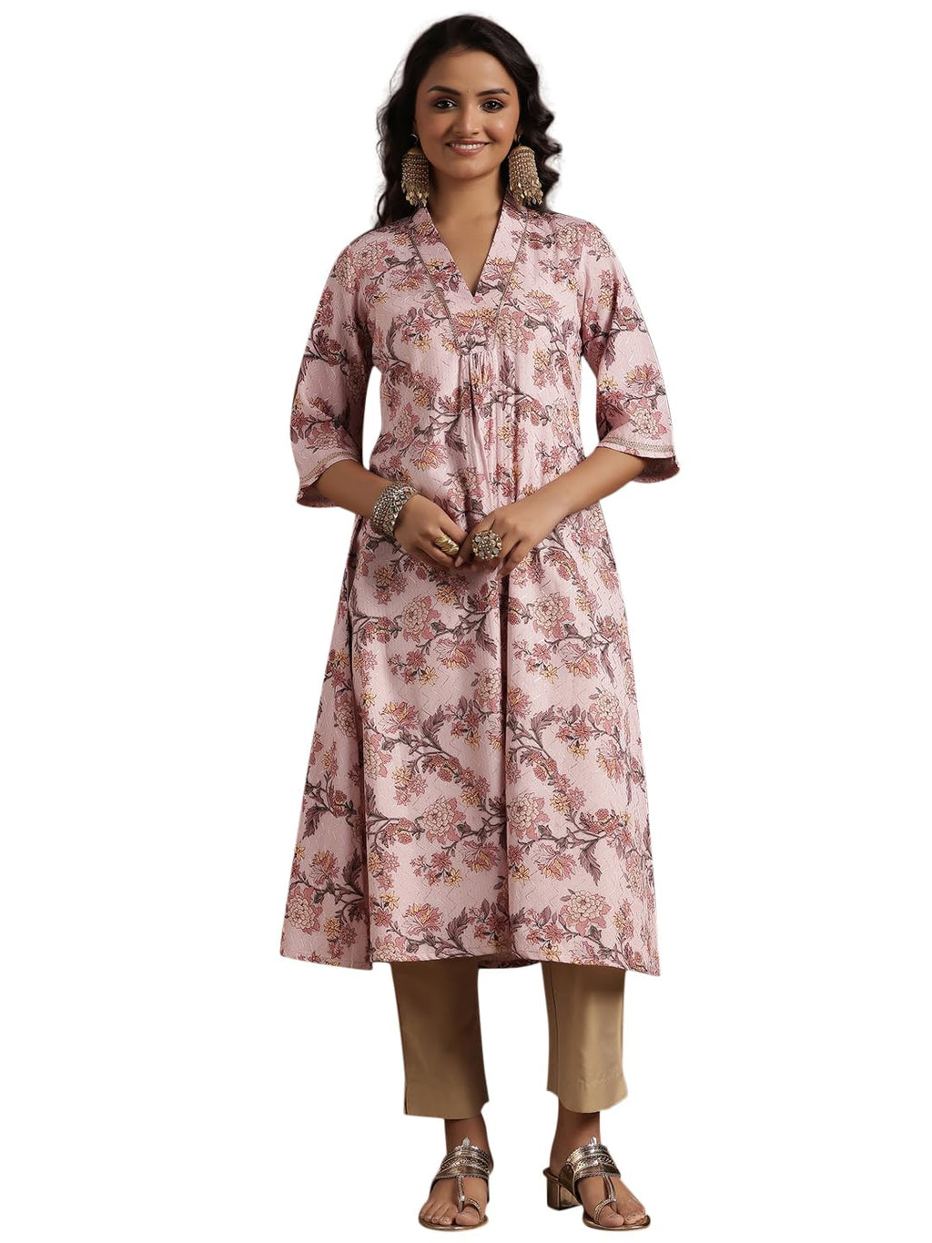 Libas Womens Printed Cotton A-Line Kurta For Women Pink