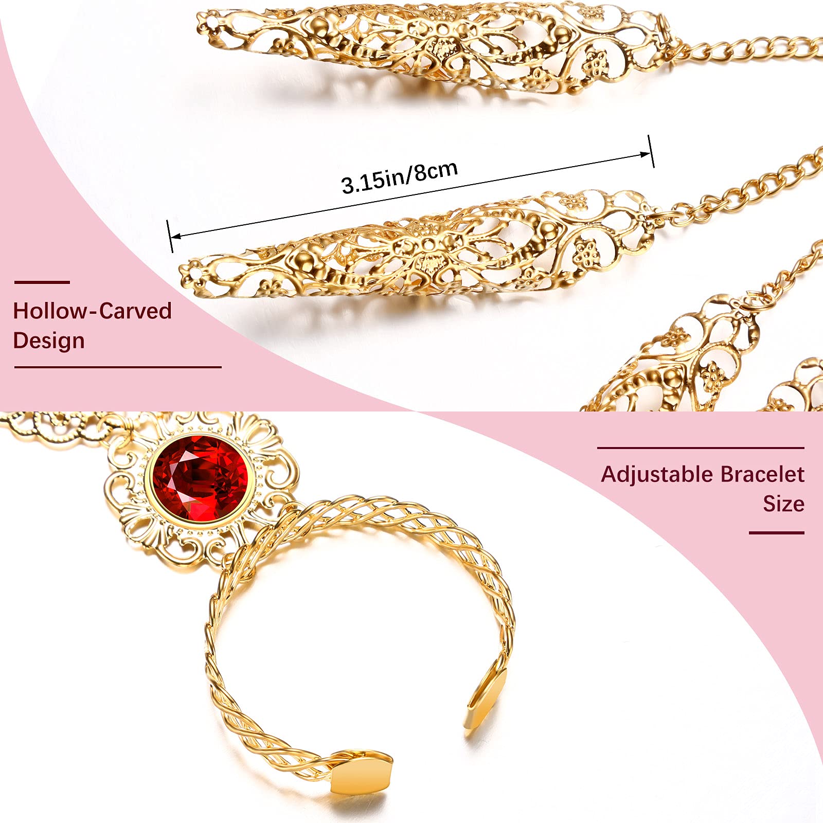 Maitys 2 Pcs Gold Bracelets Inlaid with Acrylic Women Belly Dance Gypsy Egyptian Bracelet with Finger Nails Halloween Costume (R