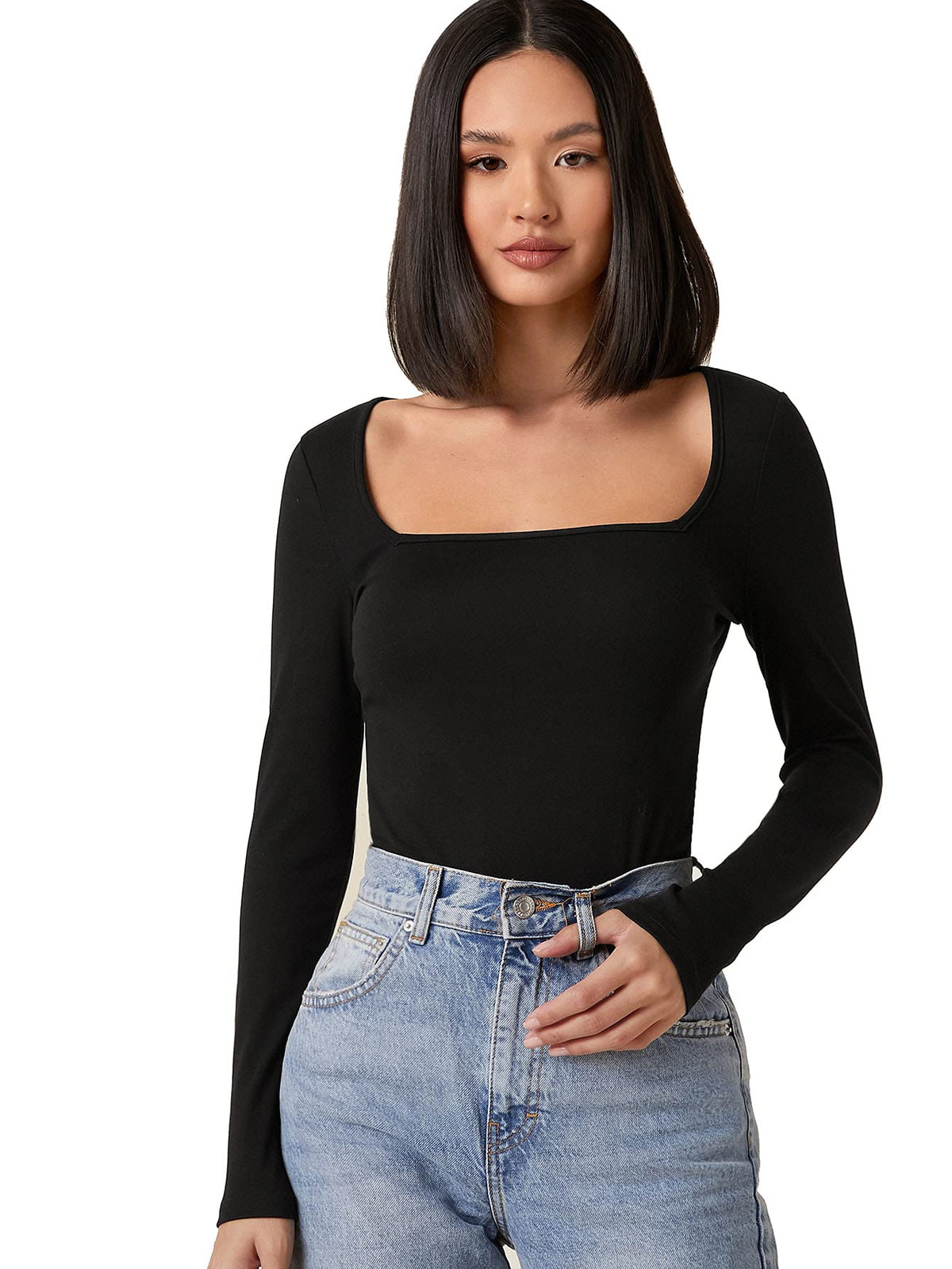 Aahwan Black Solid Square Neck Long Sleeve Slim Fit Top/TShirt For WomenS & Girls (157BlackXxl)