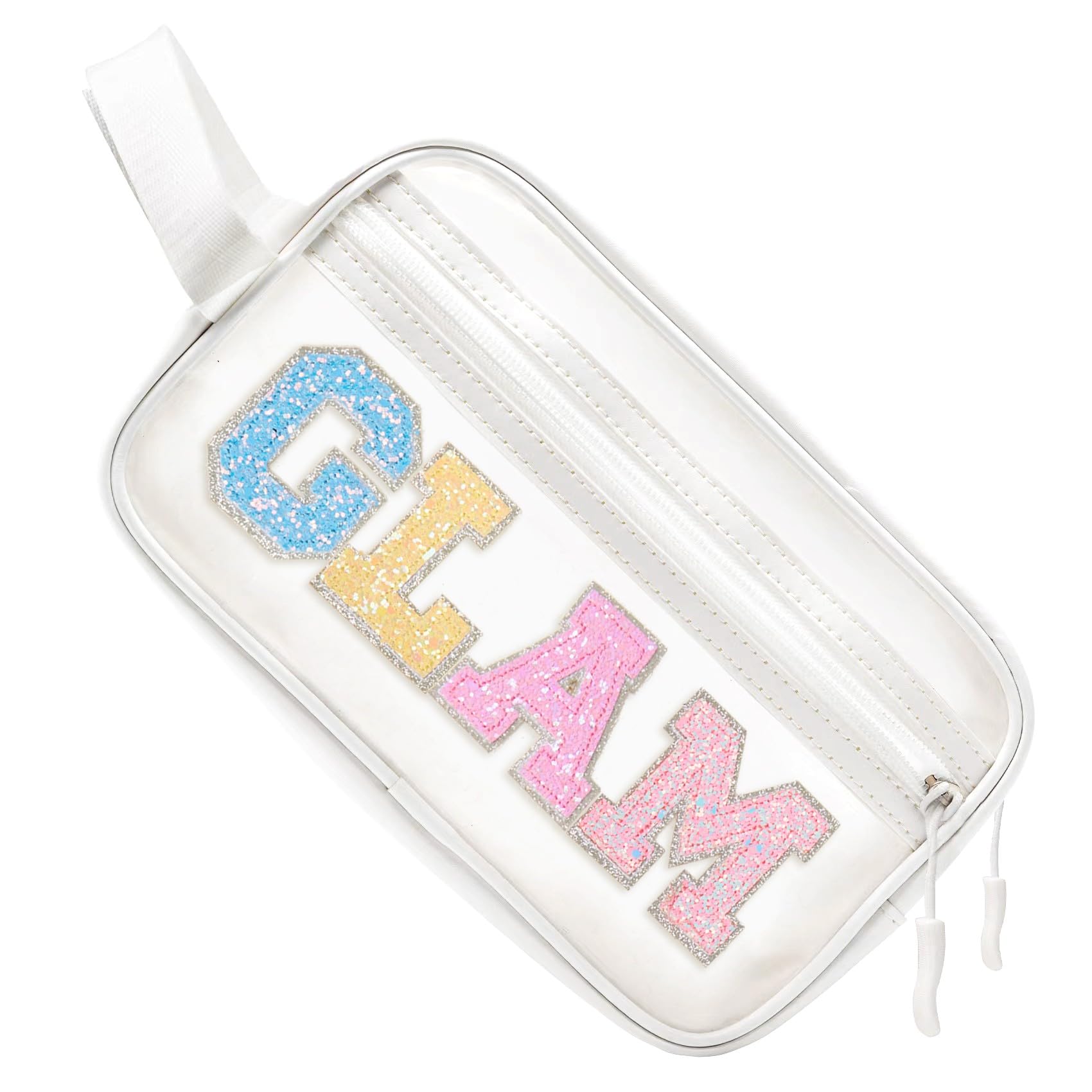 COSHAYSOO Clear Preppy Patch Makeup Bag Cosmetic Pouch with Glitter Bling Letters for Women Teen Girls Sister, Make Up Travel St
