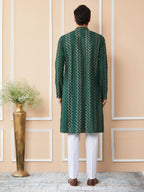 See Designs MenS Long Sleeve Mandarin Collar Side Slit Green Embroidered Thread Work Sequinned Chanderi Silk Straight Kurta - S