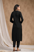 ishin Womens Black Jacquard Style Ethnic Motifs Straight Winterwear Kurta