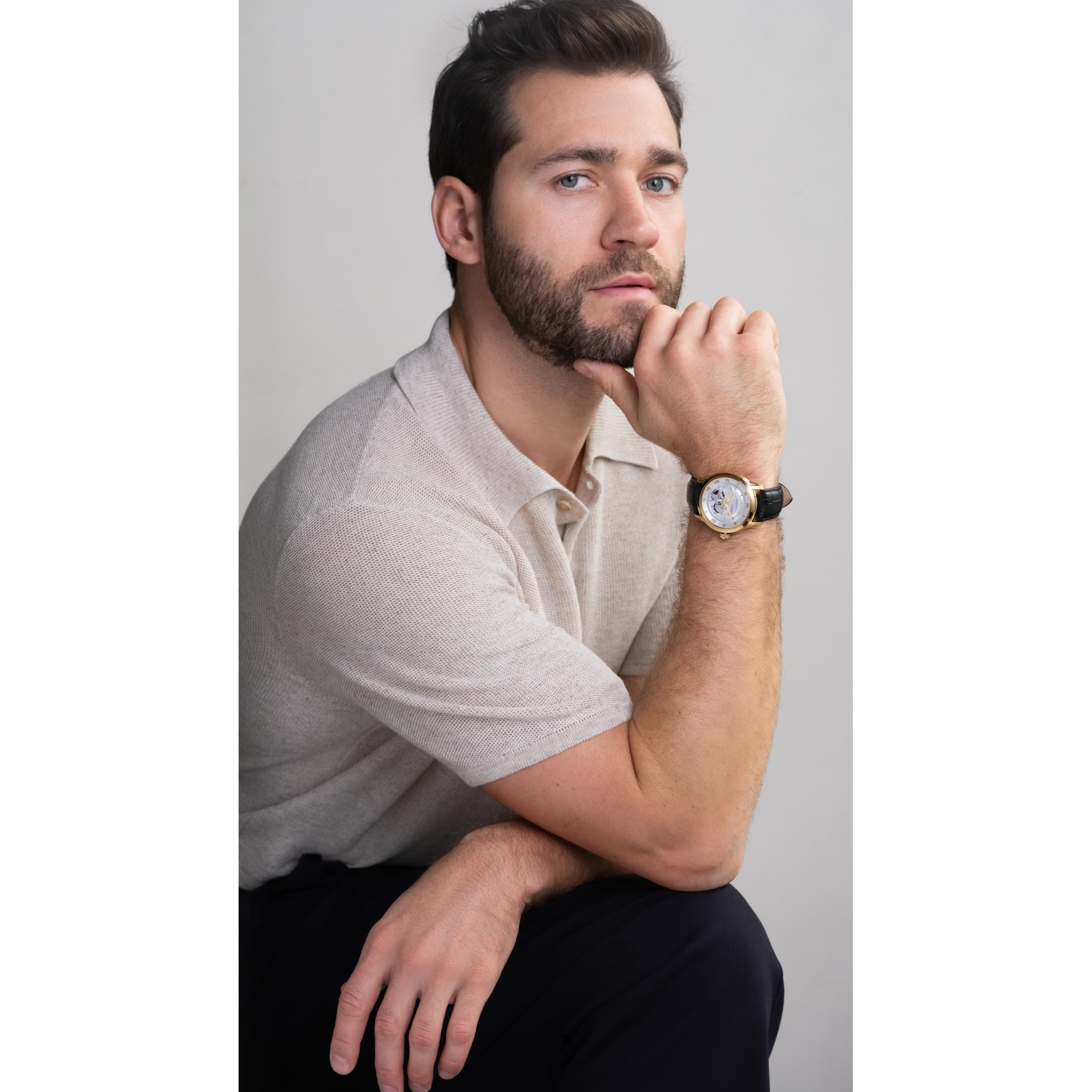 Bulova Men's Classic Sutton 4-Hand Automatic Watch with Gold Stainless Steel, Black Leather Strap,Open Aperture,Exhibition Caseb