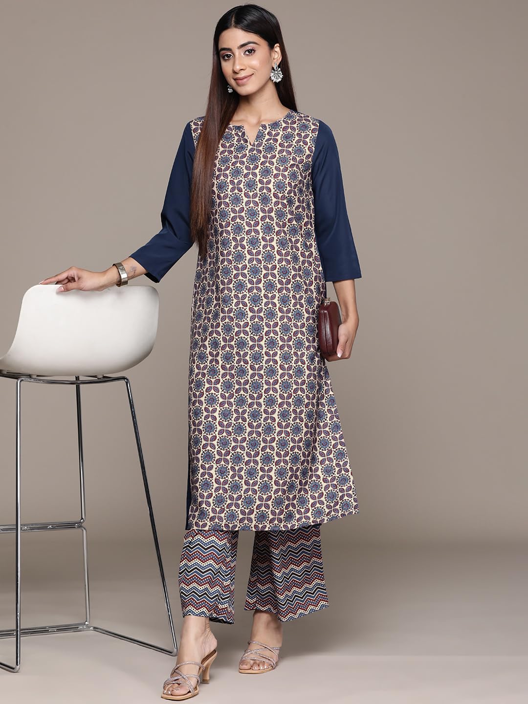 Ziyaa Women'S Blue Crepe Straight Kurta And Palazzo Set