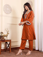 Varanga Zari Embroidered Rust Flared Sleeve Kurta with Trouser