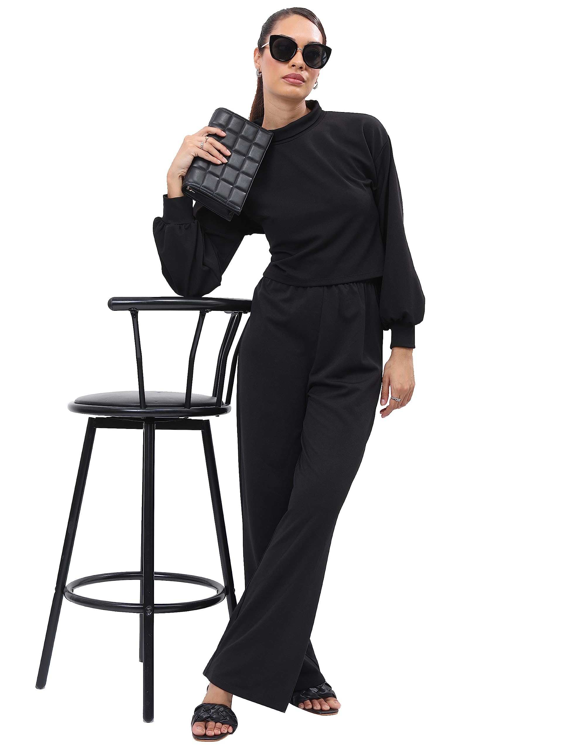 Ketch Women Polyester Blend Solid Fashion Wear Casual Fit Co-Ord Set Standard Length Playwear Dress (Khce000076_Black_L)
