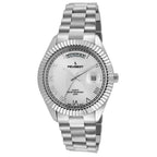 Peugeot Stainless Steel Big Face Luxury Watch with Day Date Windows, Roman Numerals & Coin Edge Fluted Bezel Watch