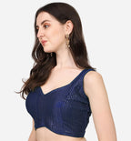 Vihu Fashion WomenS Multicolor Sweetheart Neck Georgette Line Soft Sequence Zari Work Sleeves Readymade Saree Blouse (Navy Blue