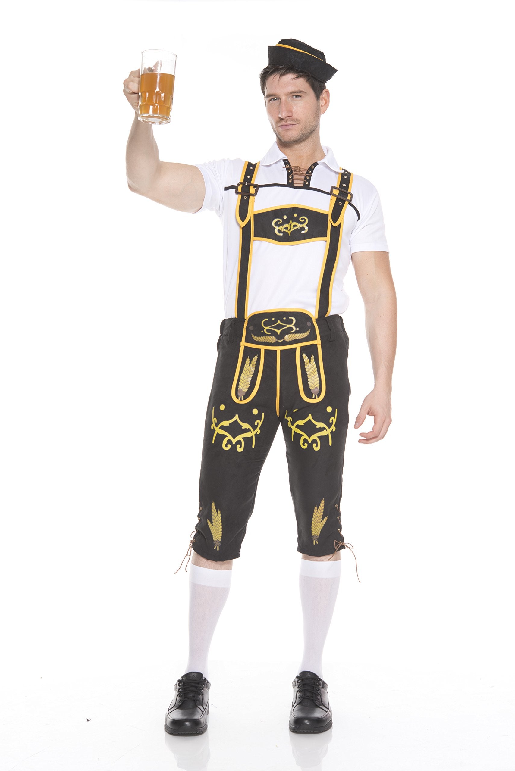 Music Legs 76621-BLACK-M 3 Piece Lace Up Collared Shirt & Alpine Region Printed Trousers with H-Shaped Suspenders with Hat&#44; 