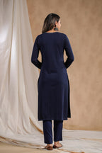 Ishin WomenS Navy Blue Jacquard Style Ethnic Motifs Straight Winterwear Kurta