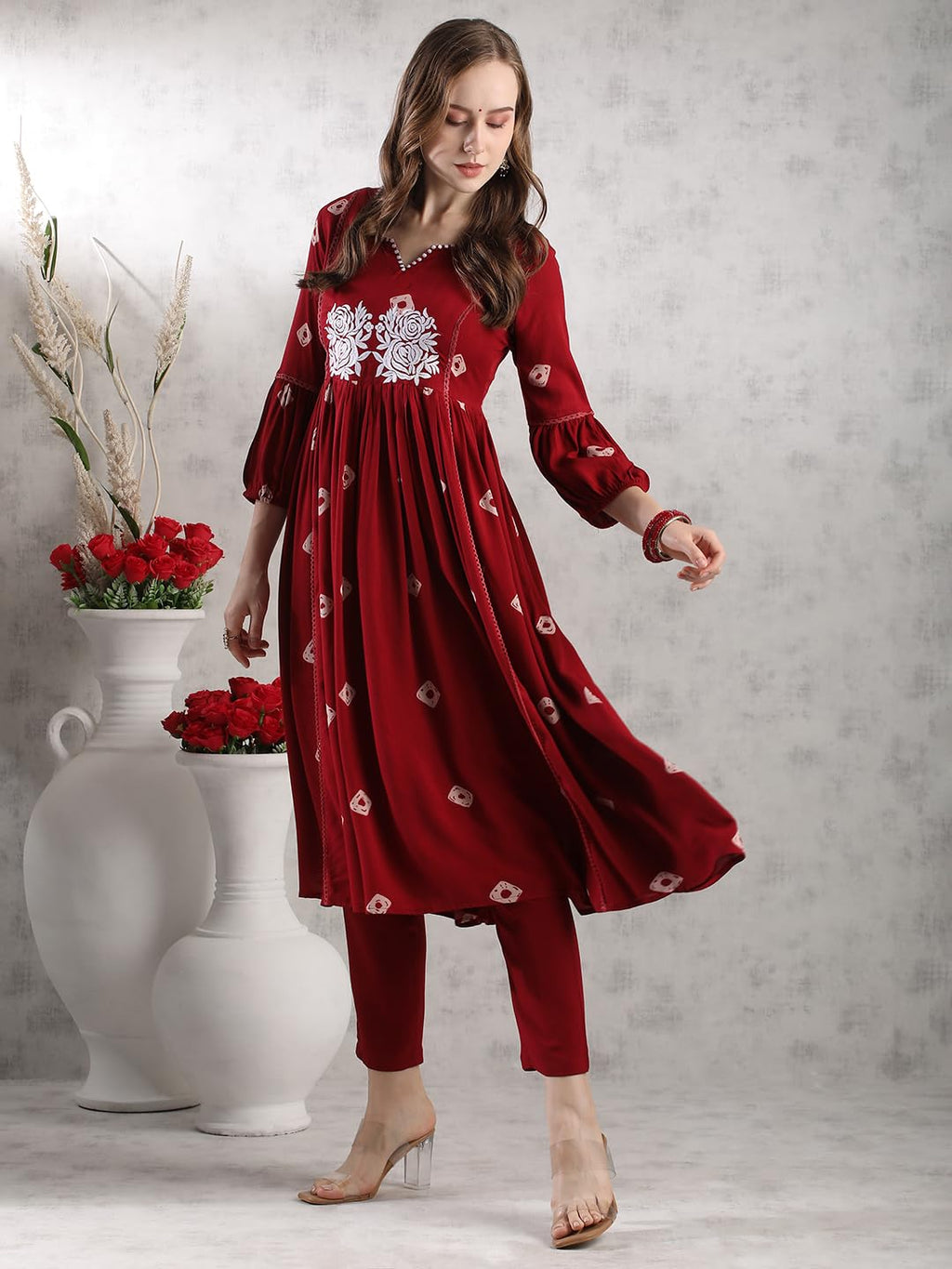 ANNI DESIGNER Women s Anarkali Printed Rayon Blend Kurta with Pants, Burgundy, Medium